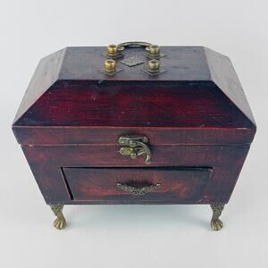 Wood Jewelry Trinket Box Reddish Brown Metal Footed with Drawer
